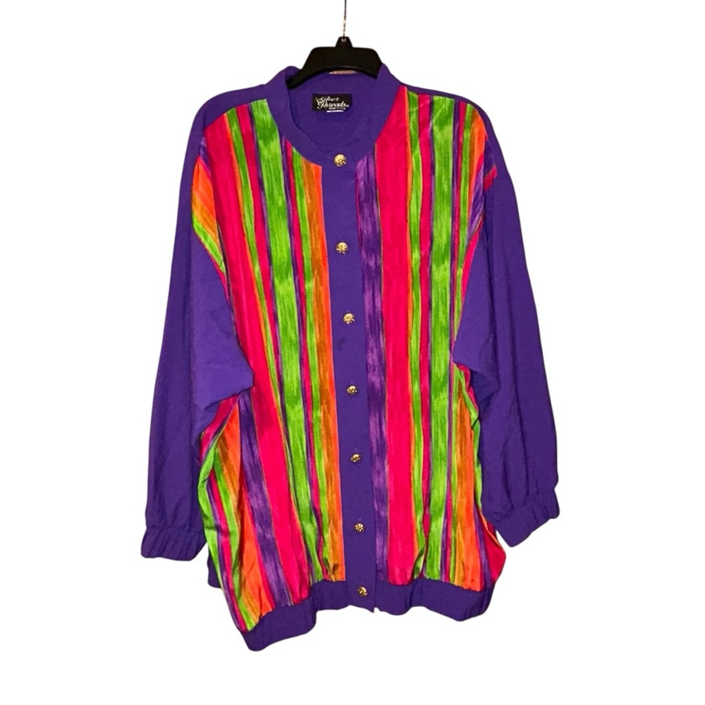 Vtg‎ Silver Threads USA 90s Colorblock Rainbow Jacket Womens 1X Striped Purple